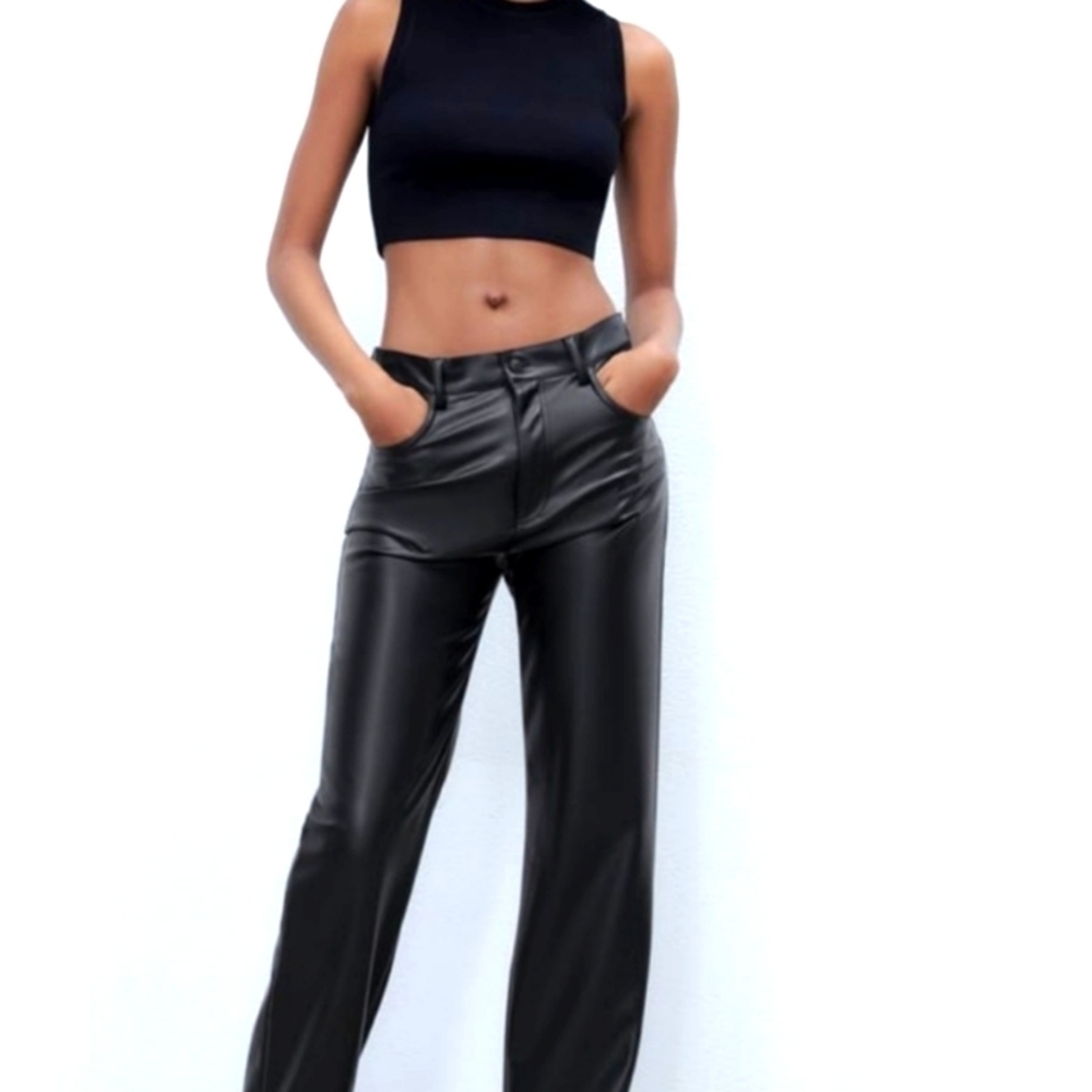 Zara pants leather faux  straight leg black womens high waisted 5 Pockets zip
